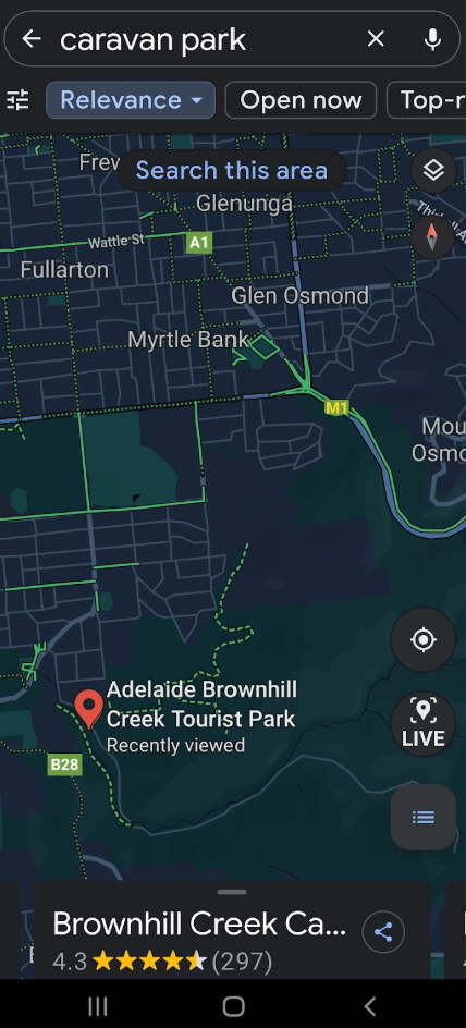 Brownhill Creek Caravan Park, Vela's route